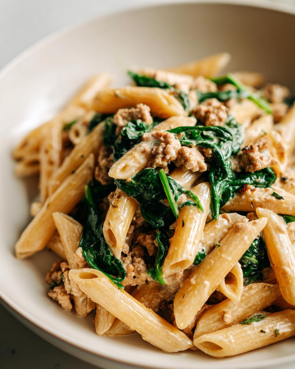 Close-up of creamy ground turkey pasta featuring penne noodles, seasoned ground turkey, and wilted spinach in a white bowl.