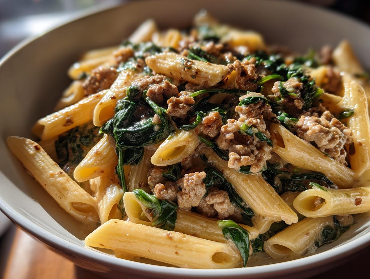 Close-up of creamy ground turkey pasta featuring penne noodles, crumbled ground turkey, and wilted spinach.