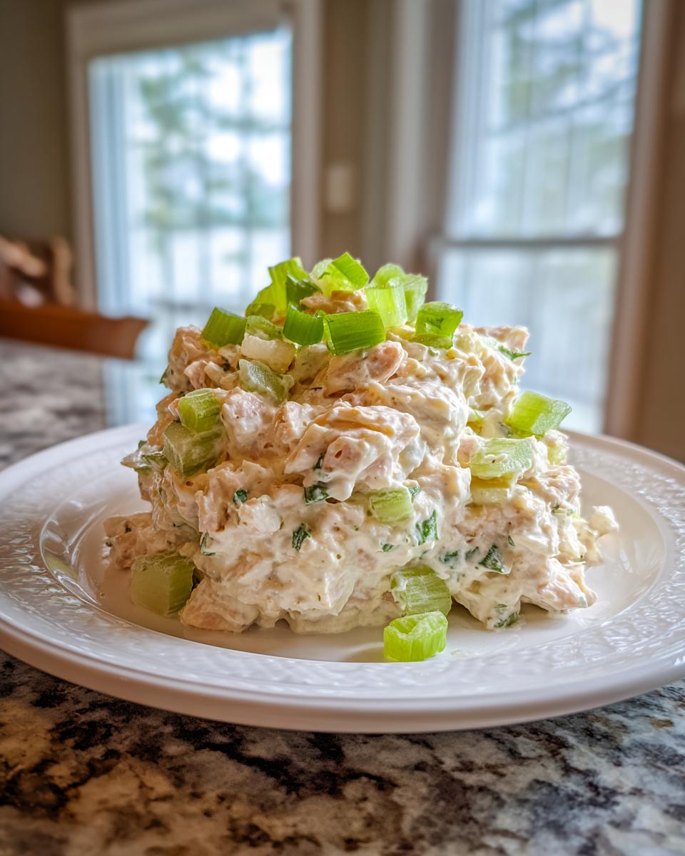 A generous scoop of creamy ham salad garnished with chopped celery and green onions on a white plate.