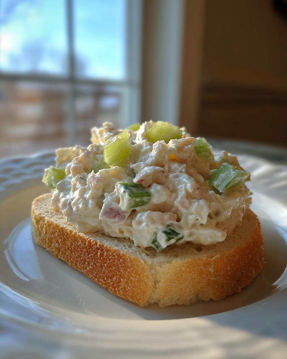 A generous scoop of creamy ham salad topped with celery served open-faced on a slice of toasted baguette.
