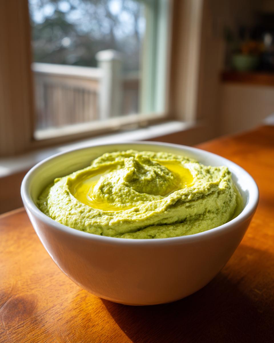 Close-up of vibrant green creamy jalapeño hummus in a white bowl, topped with a swirl of olive oil.