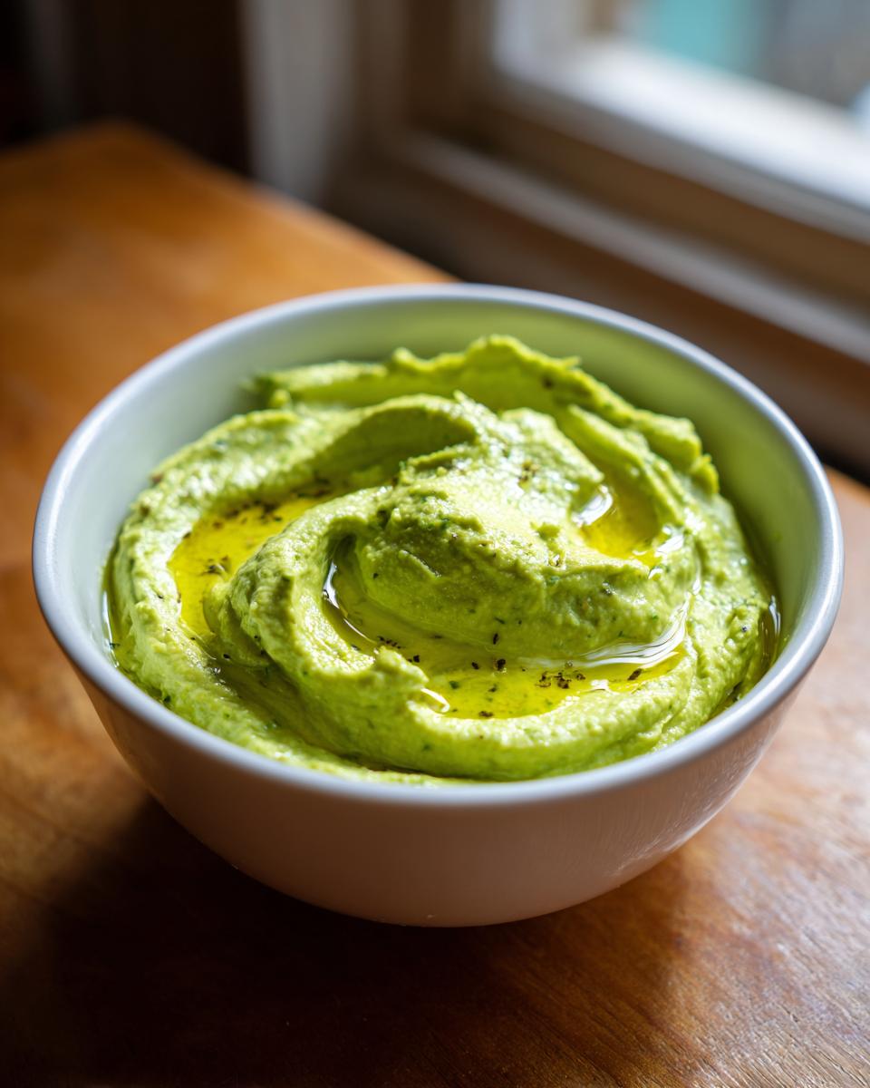 Close-up of a white bowl filled with vibrant green creamy jalapeño hummus, drizzled generously with olive oil.