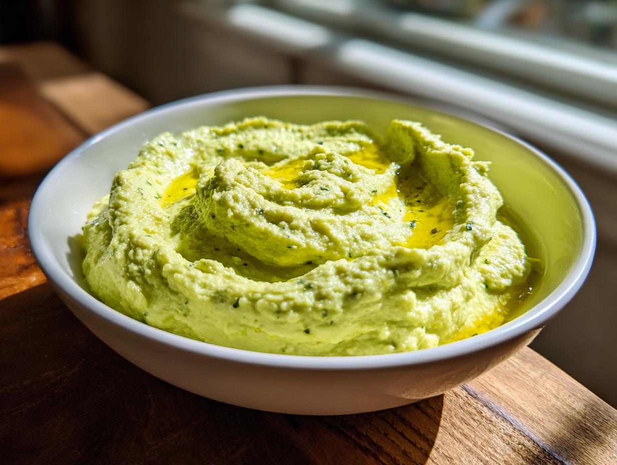 A bright green bowl filled with creamy jalapeño hummus, swirled and topped with olive oil.