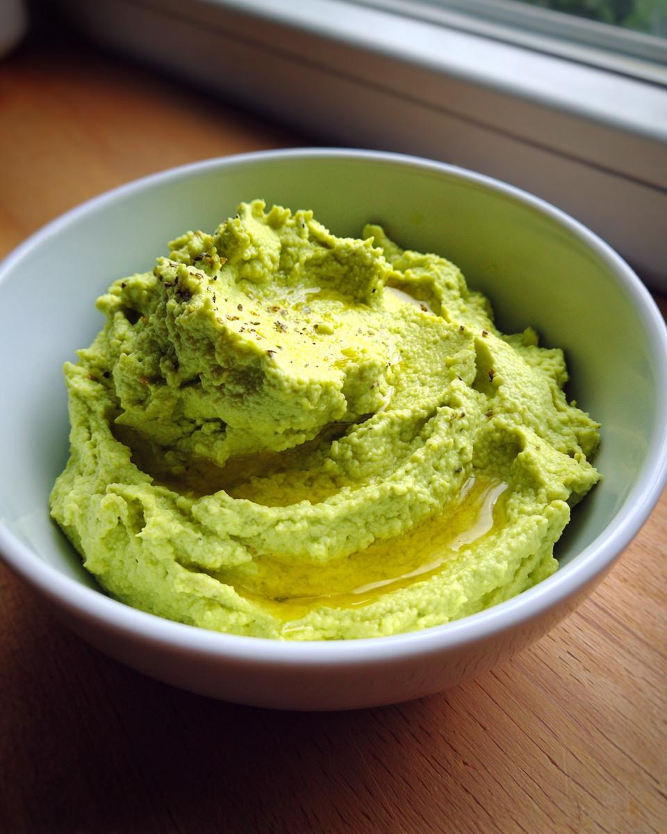 A close-up of vibrant green creamy jalapeño hummus topped with olive oil and spices in a light green bowl.