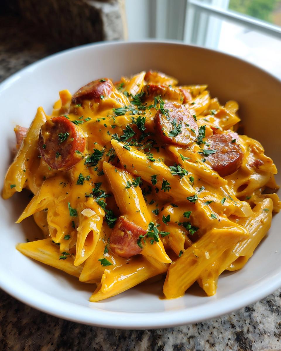 Close-up of creamy kielbasa pasta featuring penne coated in orange cheese sauce and topped with sliced sausage and parsley.