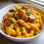 Close-up of creamy kielbasa pasta featuring penne coated in a rich orange sauce and topped with sliced sausage and parsley.