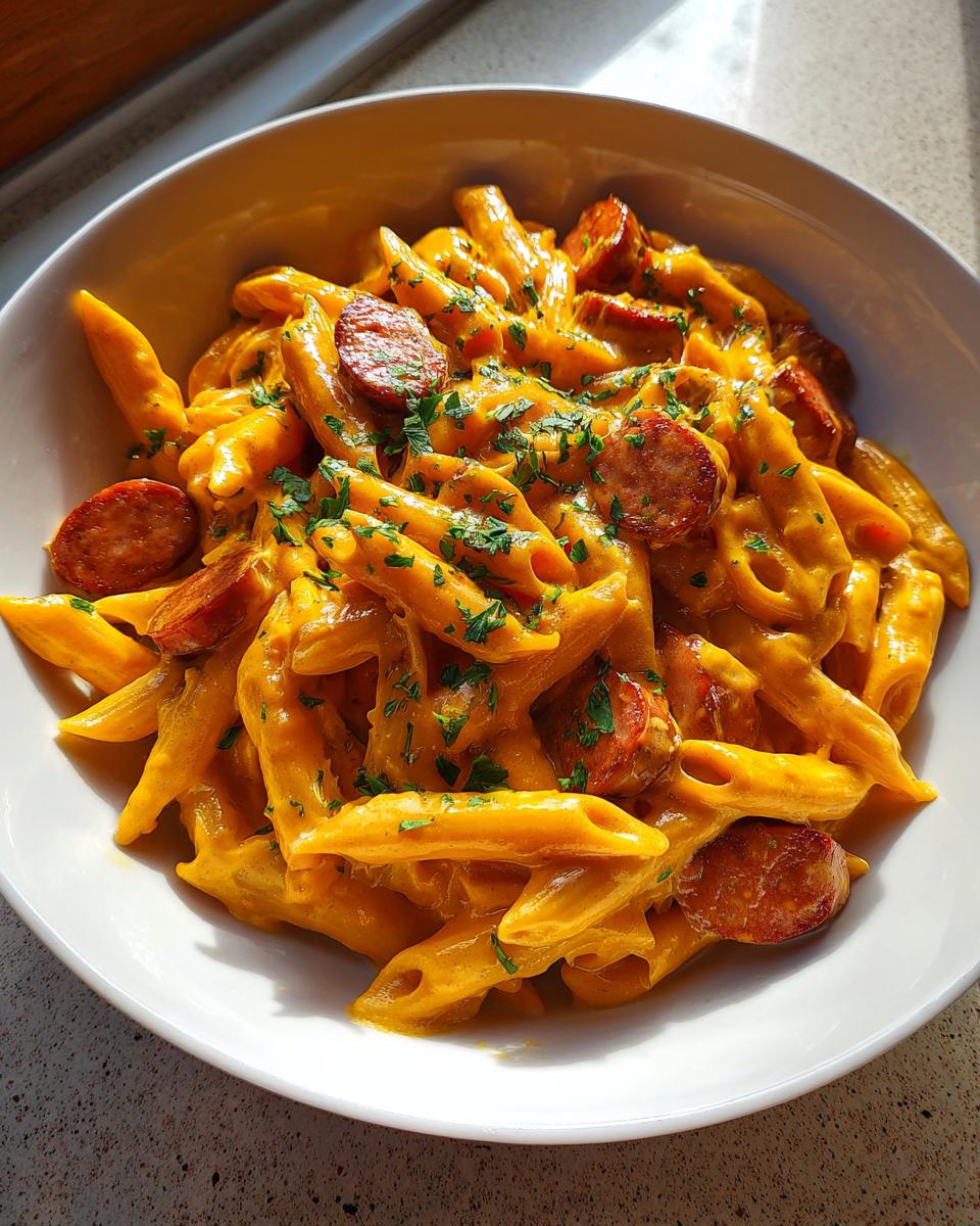 Close-up of creamy kielbasa pasta featuring penne noodles coated in an orange sauce and topped with sliced sausage and fresh parsley.