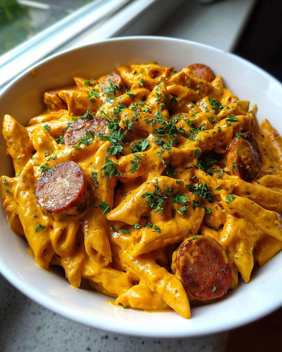 A close-up of creamy kielbasa pasta featuring penne coated in a rich orange sauce and topped with sliced sausage and fresh parsley.