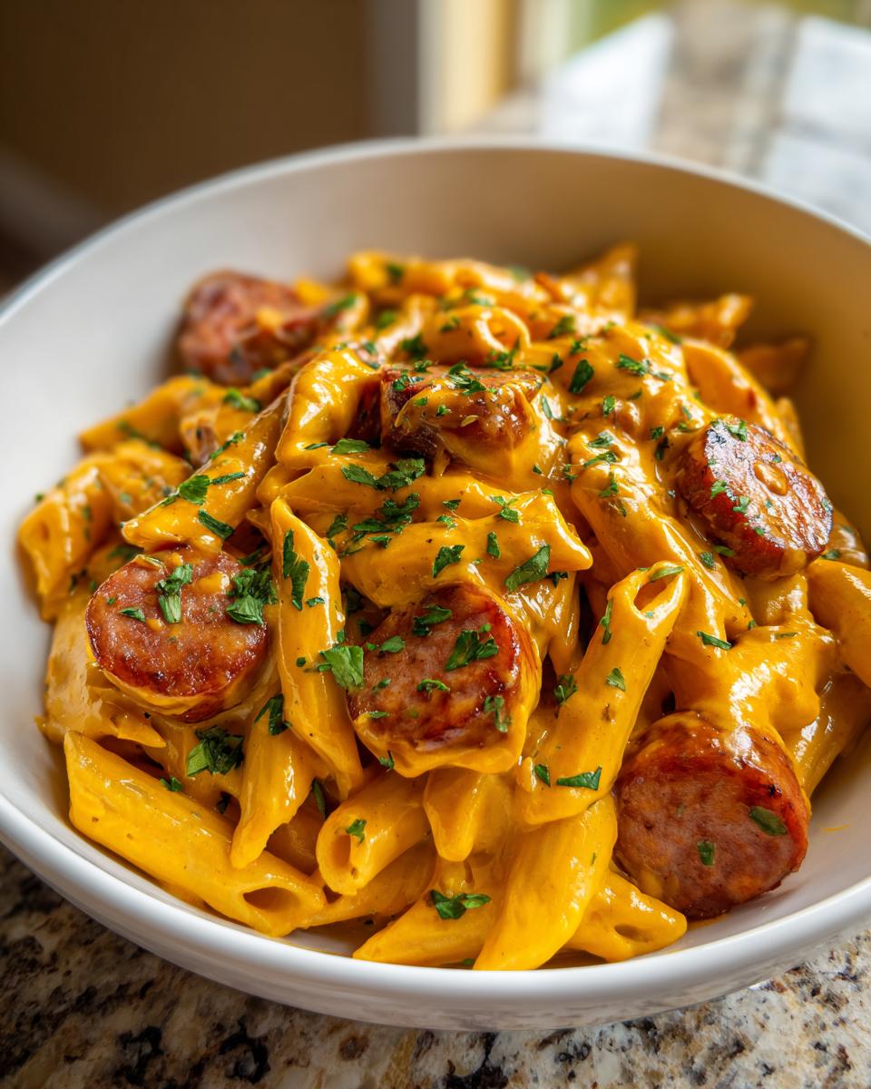Close-up of creamy kielbasa pasta featuring penne coated in a rich orange sauce with sliced, browned sausage and fresh parsley garnish.