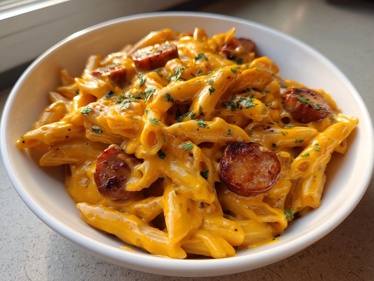 Close-up of creamy kielbasa pasta featuring penne coated in rich orange cheese sauce and topped with sliced, seared sausage.