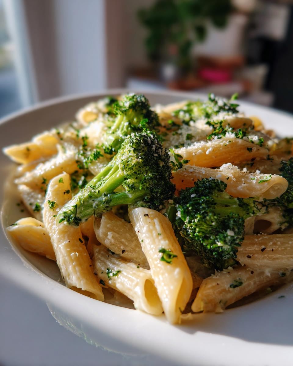 A close-up of creamy penne pasta mixed with bright green broccoli florets, topped with Parmesan cheese and parsley, representing the amazing broccoli pasta.