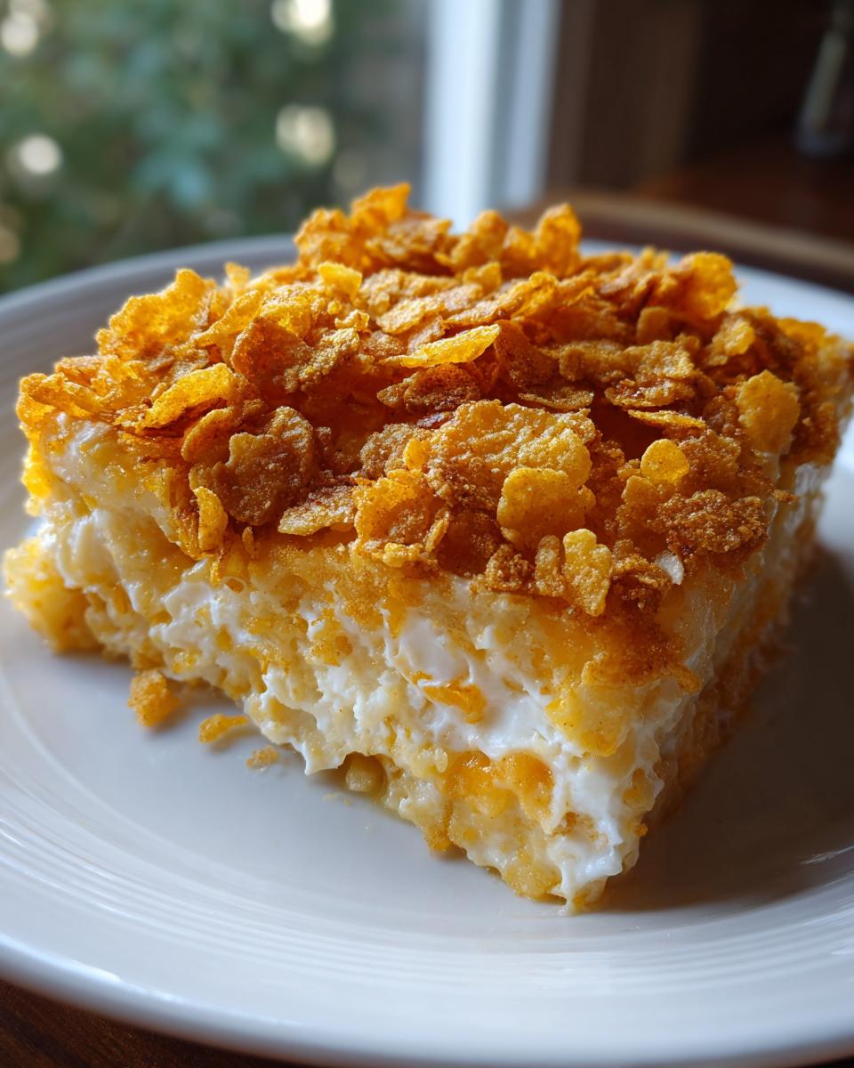 A square serving of creamy potato casserole topped generously with crunchy, golden corn flakes.