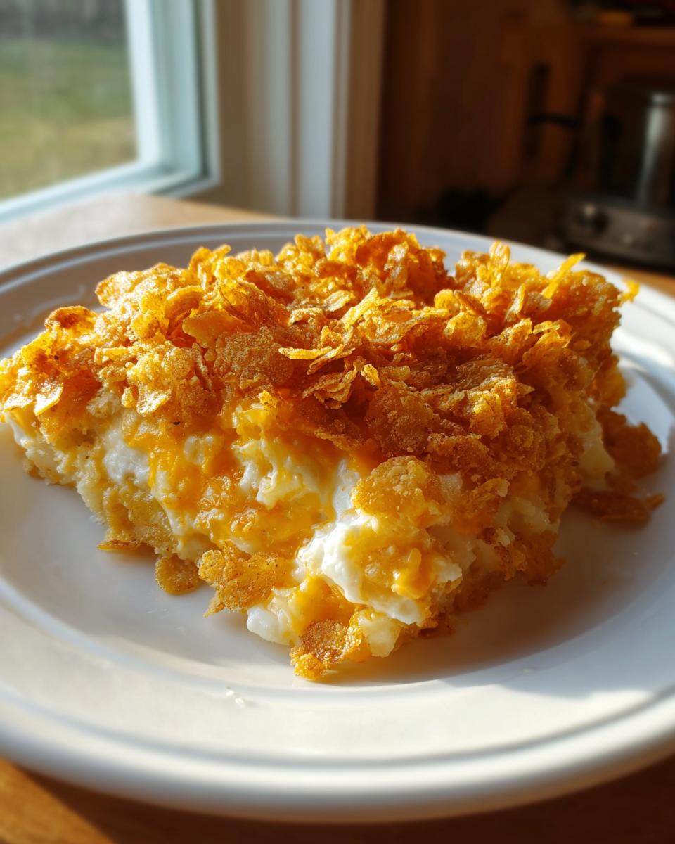 A serving of creamy potato casserole topped generously with golden, crunchy corn flakes, served on a white plate.