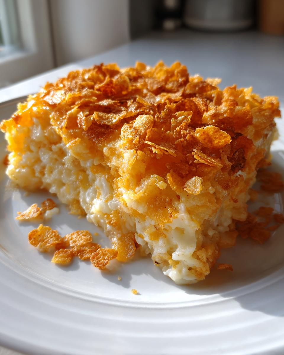 A slice of creamy potato casserole topped with a thick layer of golden, crunchy cornflakes.