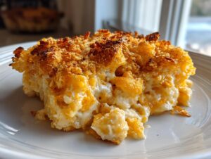 A close-up of a serving of creamy potato casserole with a thick, golden, crispy breadcrumb topping.