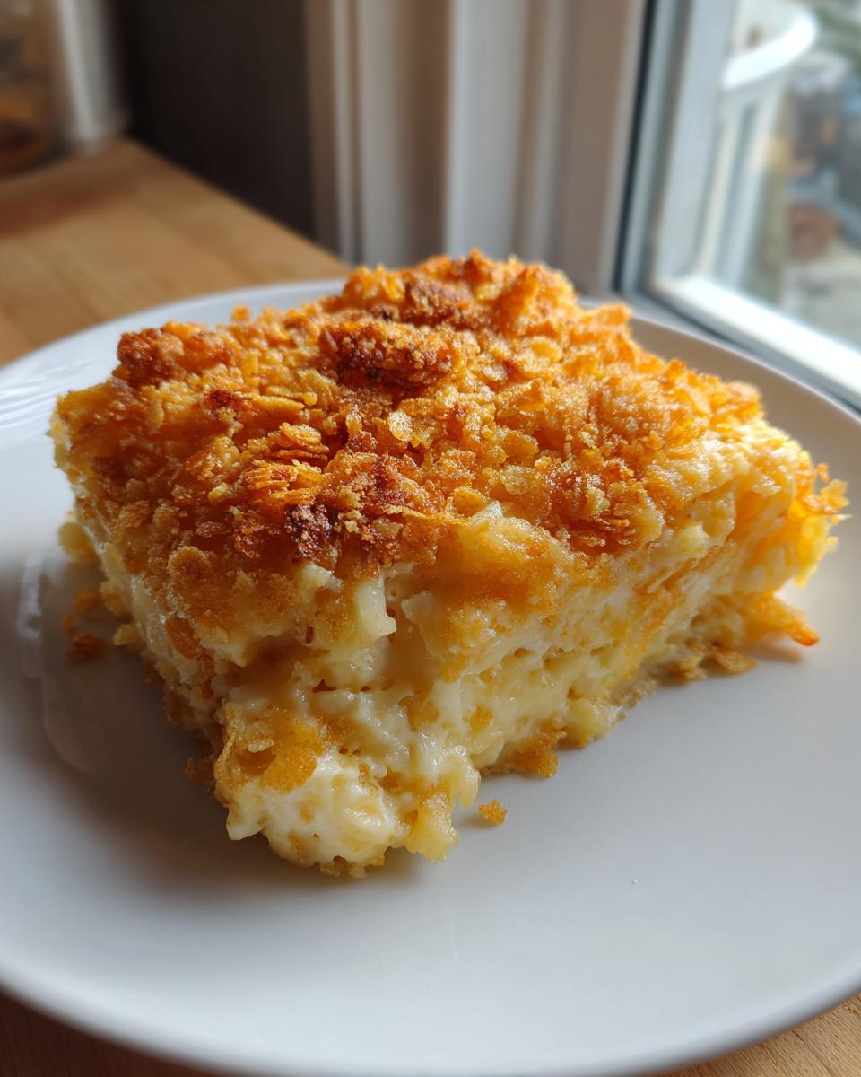A generous slice of creamy potato casserole with a golden, crunchy cornflake topping, served on a white plate.