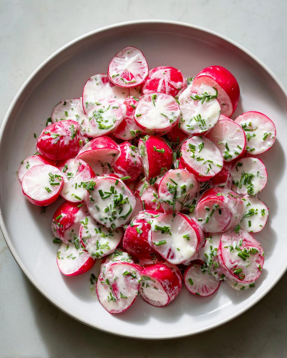 Close-up of a bright radish salad featuring sliced radishes coated in a creamy dressing and sprinkled with fresh chives.