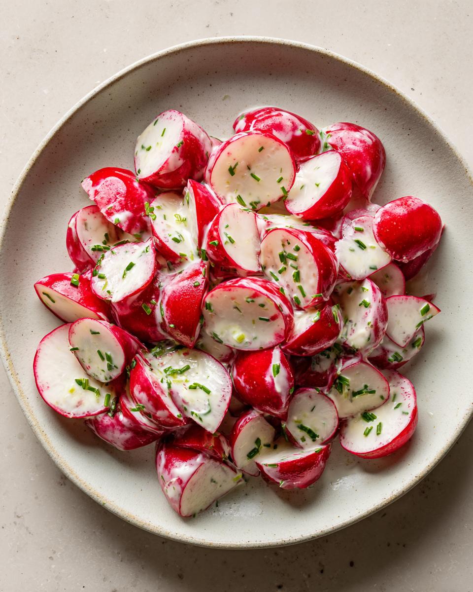 Overhead view of a creamy radish salad featuring bright red radishes sliced and coated in a white dressing with fresh green chives.