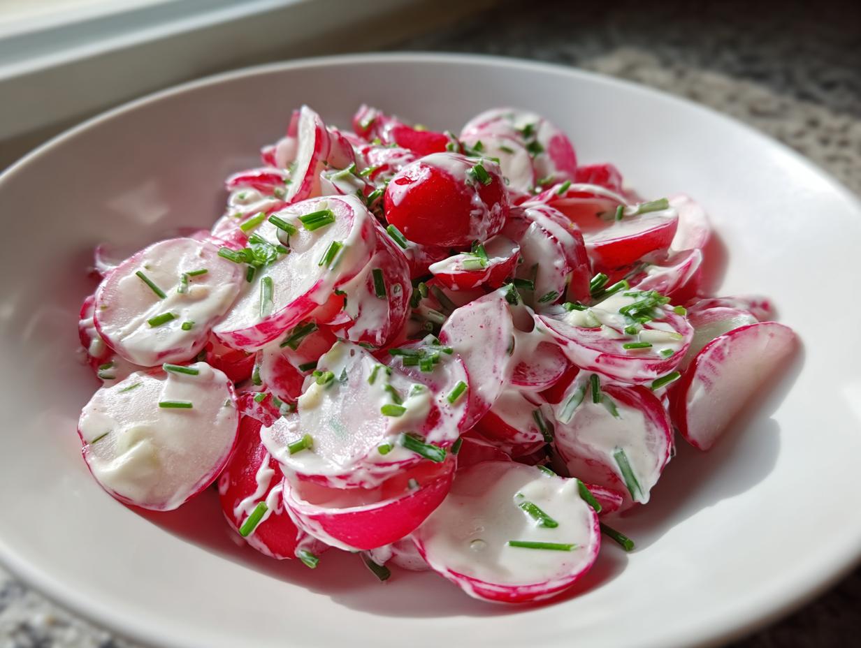 Close-up of a creamy radish salad featuring sliced red radishes coated in a white dressing and topped with fresh green chives.
