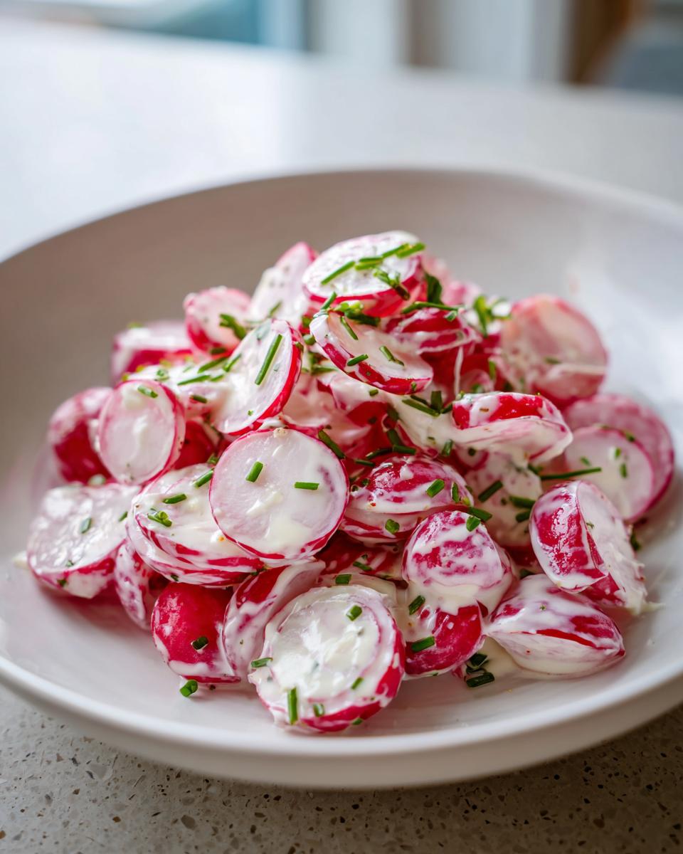 Close-up of sliced radishes coated in a creamy dressing and topped with fresh chives, making a vibrant radish salad.