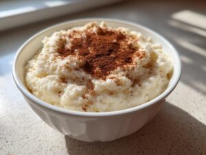 Close-up of a white bowl filled with creamy rice pudding, generously topped with ground cinnamon.