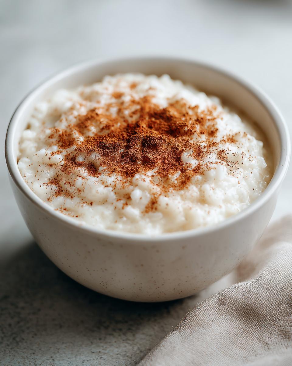 Close-up of a bowl of creamy rice pudding generously sprinkled with ground cinnamon.