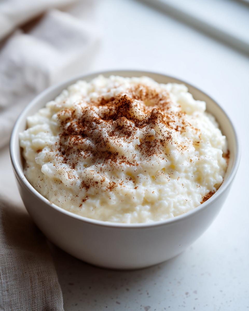 Close-up of a white bowl filled with creamy rice pudding, generously sprinkled with ground cinnamon.