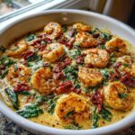 Close-up of creamy Tuscan shrimp dish featuring large seasoned shrimp, wilted spinach, and sun-dried tomatoes in a rich sauce.