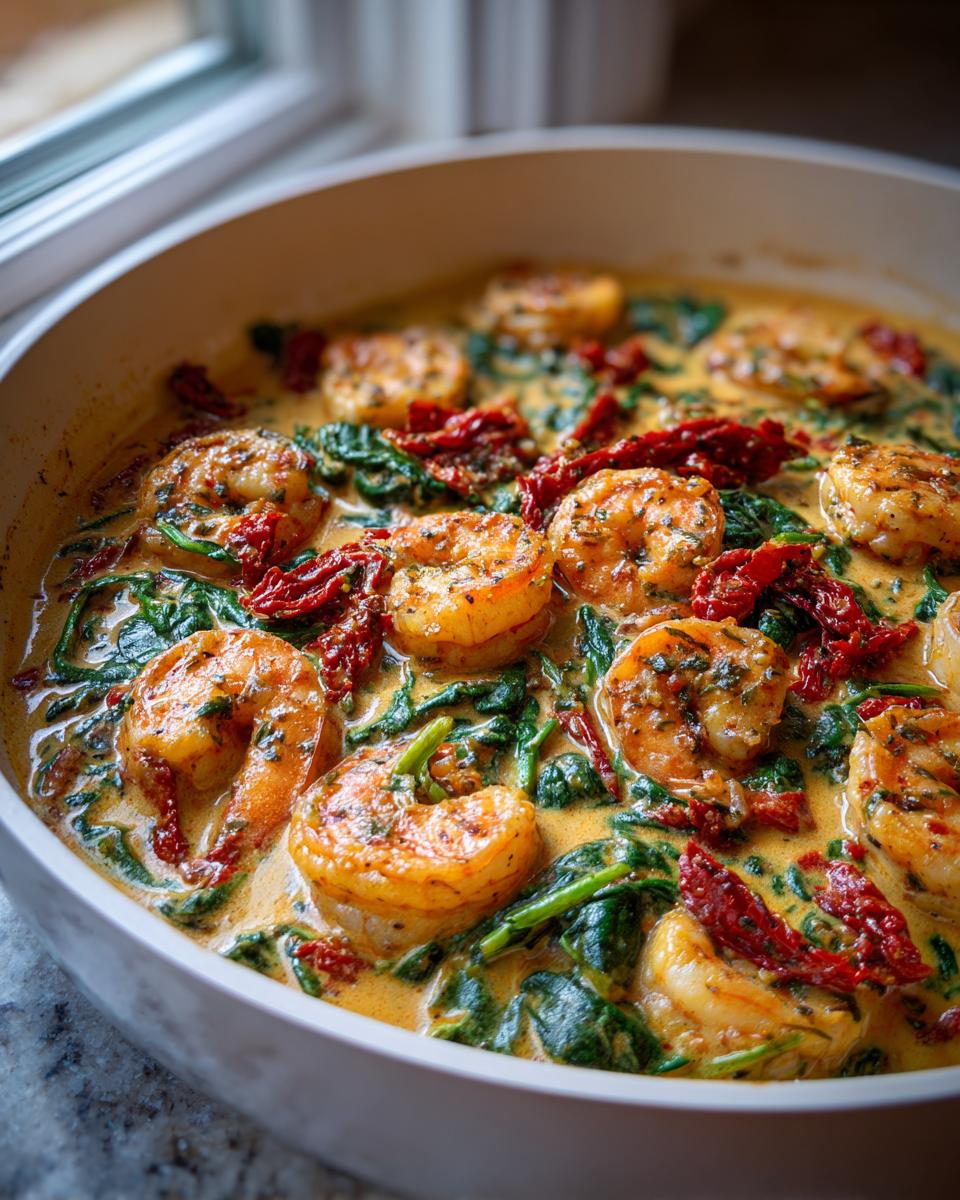 Close-up of cooked shrimp in a creamy sauce with spinach and sun-dried tomatoes, perfect for Tuscan shrimp recipes.