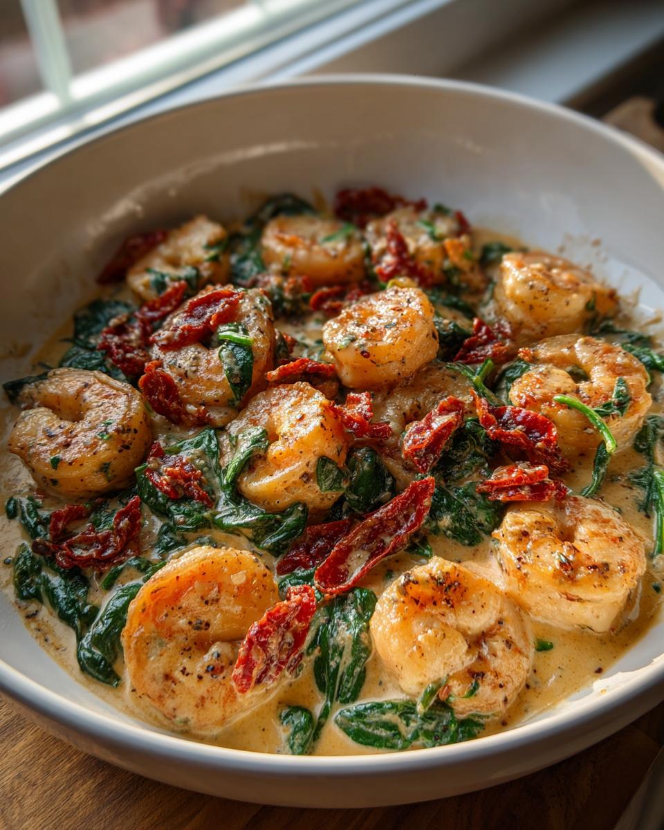 Close-up of creamy Tuscan shrimp dish featuring large seasoned shrimp, wilted spinach, and sun-dried tomatoes in a rich sauce.