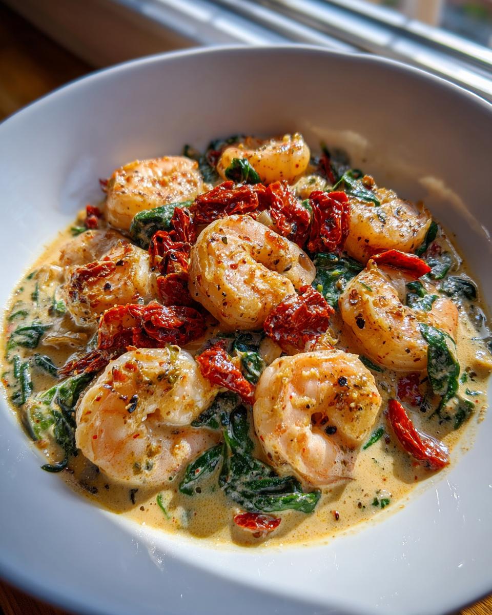 A close-up of creamy Tuscan shrimp served in a white bowl with spinach and sun-dried tomatoes.