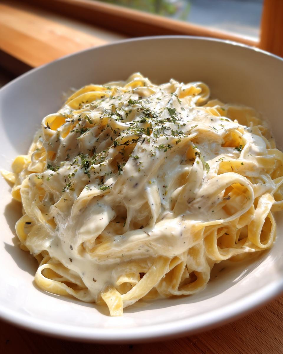A close-up of fettuccine pasta generously coated in creamy vegan alfredo sauce and sprinkled with herbs.