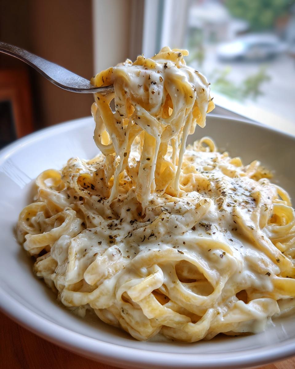 A fork lifting creamy fettuccine noodles coated in rich vegan alfredo sauce and sprinkled with herbs.