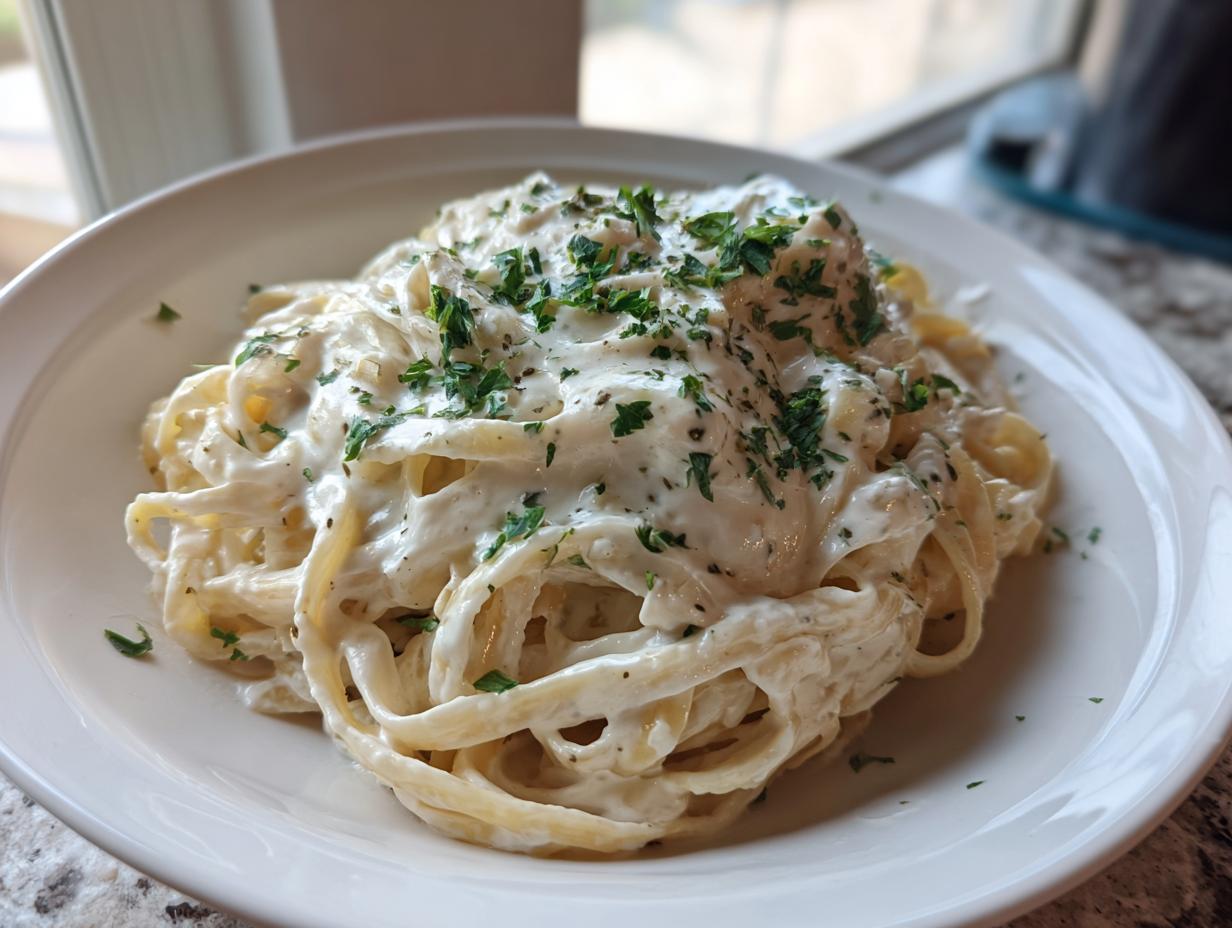 A close-up of fettuccine pasta generously coated in creamy vegan alfredo sauce and topped with fresh parsley.