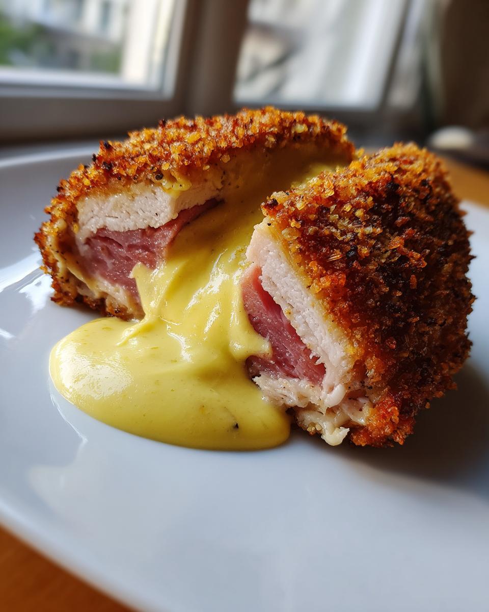 A cross-section of crispy chicken cordon bleu showing ham and melted cheese, generously covered in a yellow sauce.