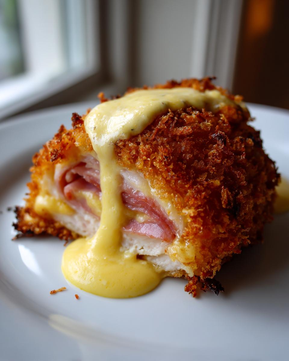 Close-up of a perfectly cooked chicken cordon bleu, showing crispy breading, melted cheese, ham, and rich yellow sauce.