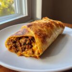 Close-up of a crispy, golden-brown chimichangas filled with seasoned ground beef and melted cheese.