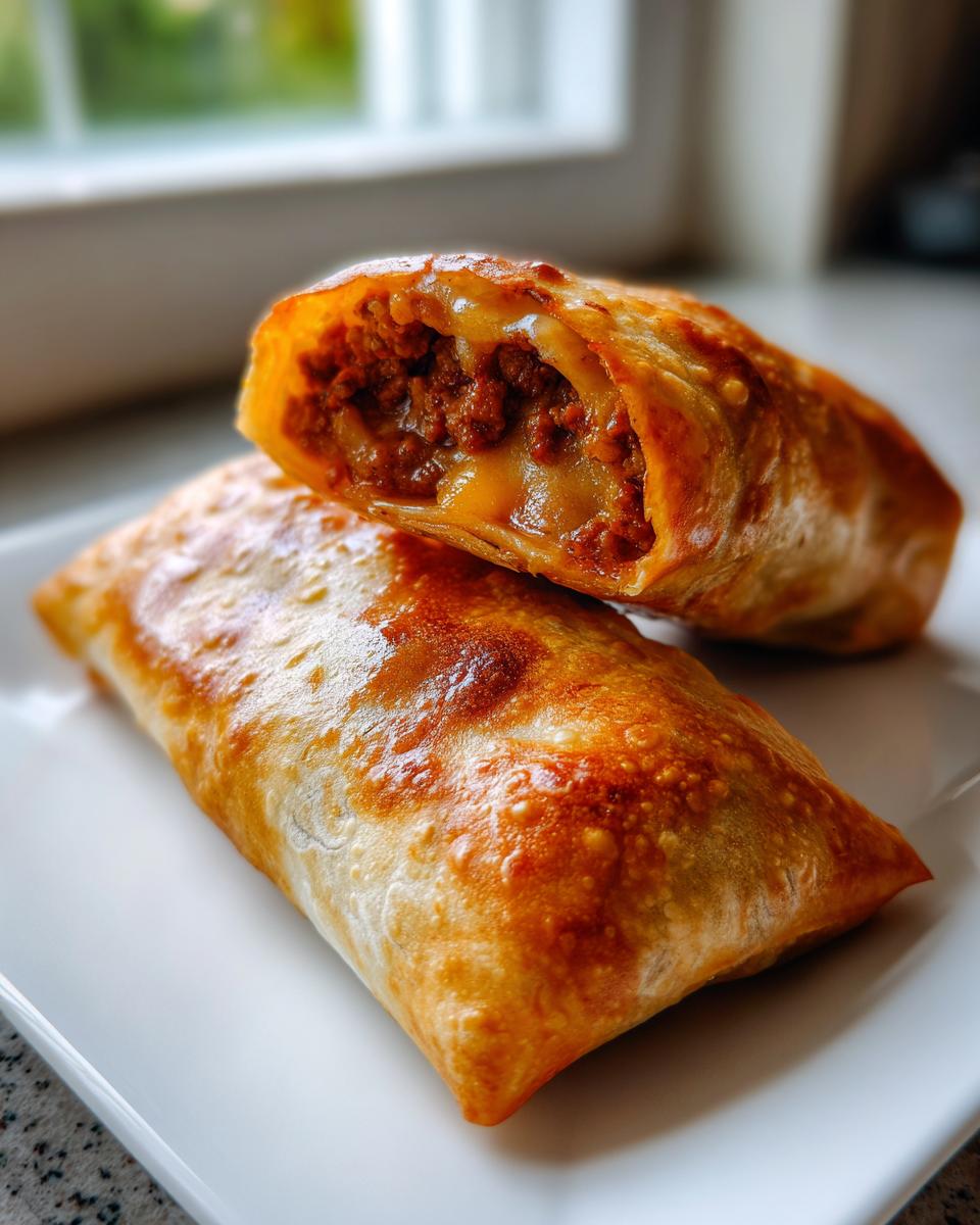 Two golden-brown, crispy Chimichangas on a white plate, one cut open revealing seasoned ground beef and melted cheese.