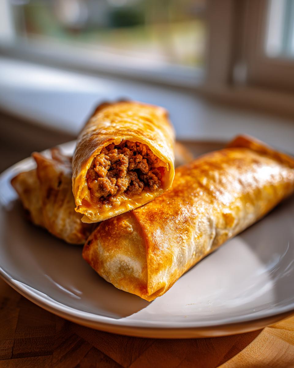 Close-up of crispy, golden-brown Chimichangas, one cut open to show the seasoned ground beef filling.