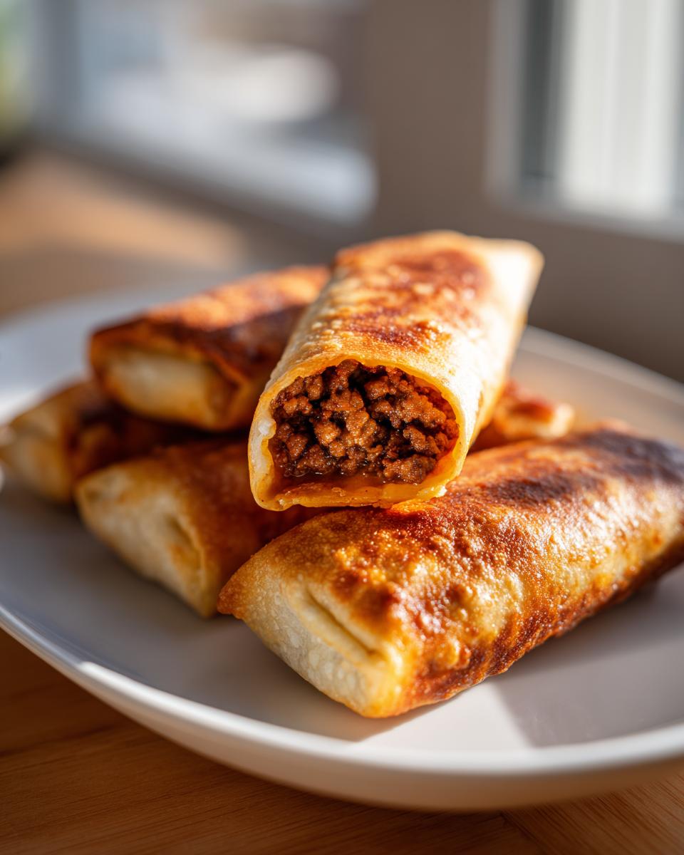 Close-up of crispy, golden-brown Chimichangas stacked on a white plate, one cut open showing the seasoned ground beef filling.