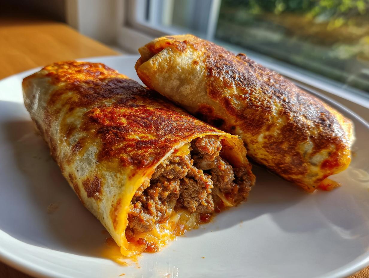 Two crispy, golden-brown chimichangas served on a white plate, one cut open showing the seasoned ground beef filling.