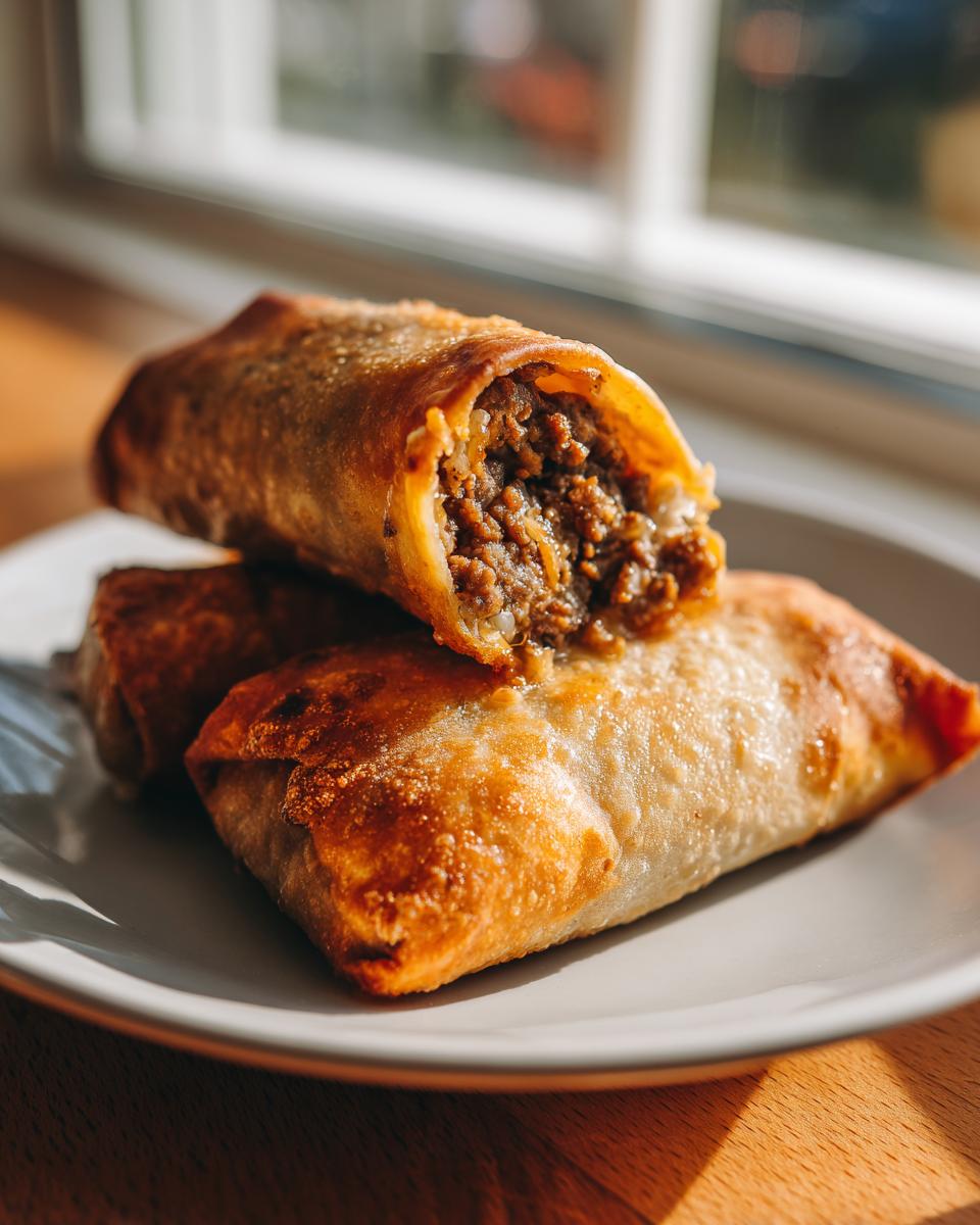 Close-up of golden brown, crispy Chimichangas stacked on a plate, one cut open to show the seasoned ground meat filling.