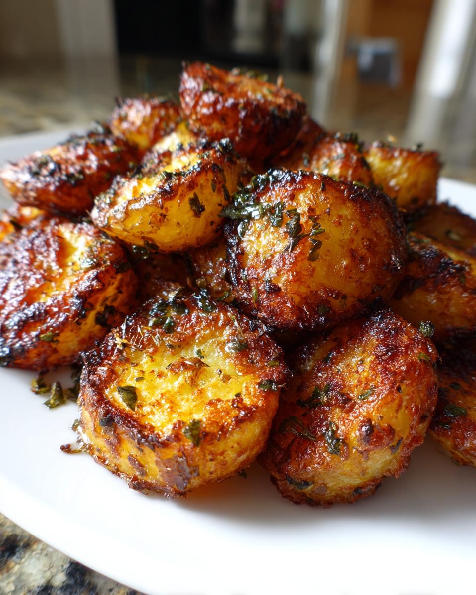 Close-up of golden brown, crispy oven roasted potatoes sprinkled with green herbs on a white plate.