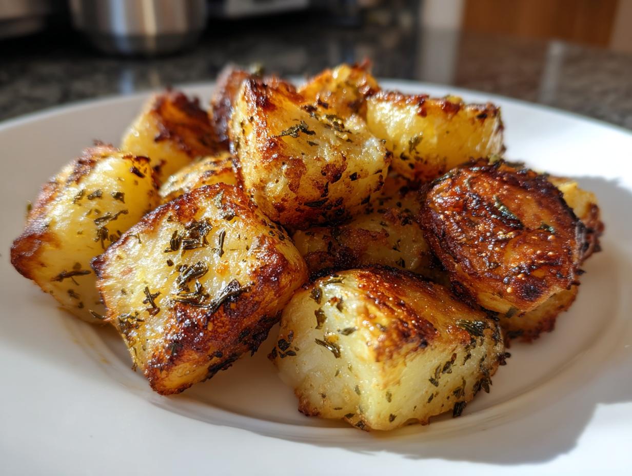 A close-up of golden brown, crispy oven roasted potatoes seasoned with dried herbs on a white plate.