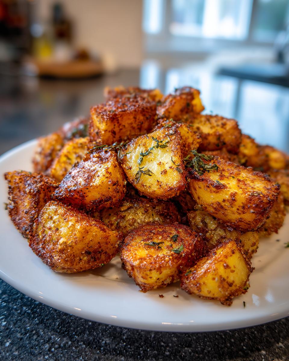 A close-up of a mound of golden brown, seasoned oven roasted potatoes sprinkled with herbs on a white plate.