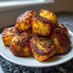 A close-up of golden brown, crispy oven roasted potatoes seasoned with herbs piled high on a white plate.