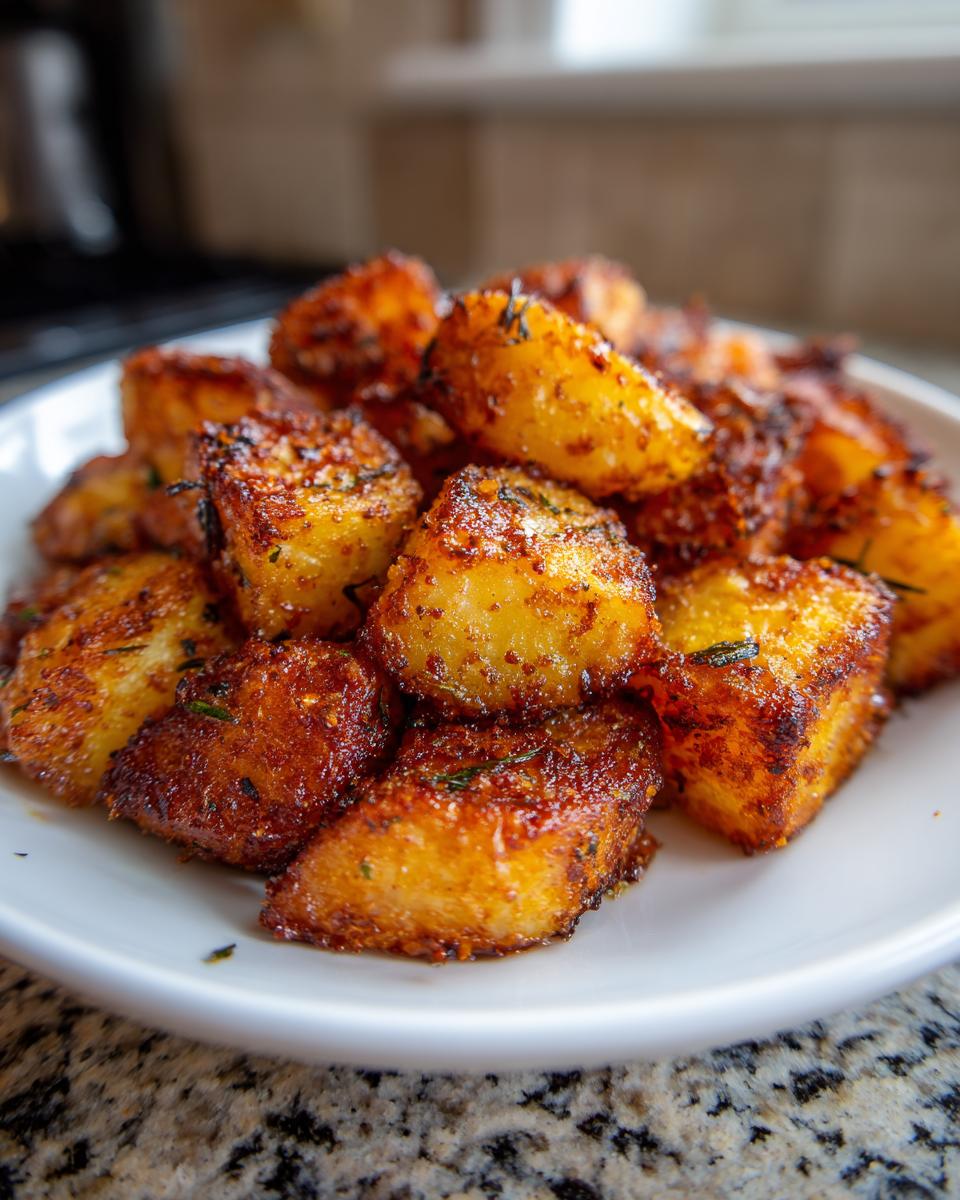 Close-up of golden brown, crispy oven roasted potatoes seasoned with herbs, served on a white plate.