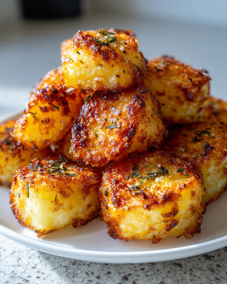 A stack of golden brown, crispy oven roasted potatoes seasoned with herbs on a white plate.