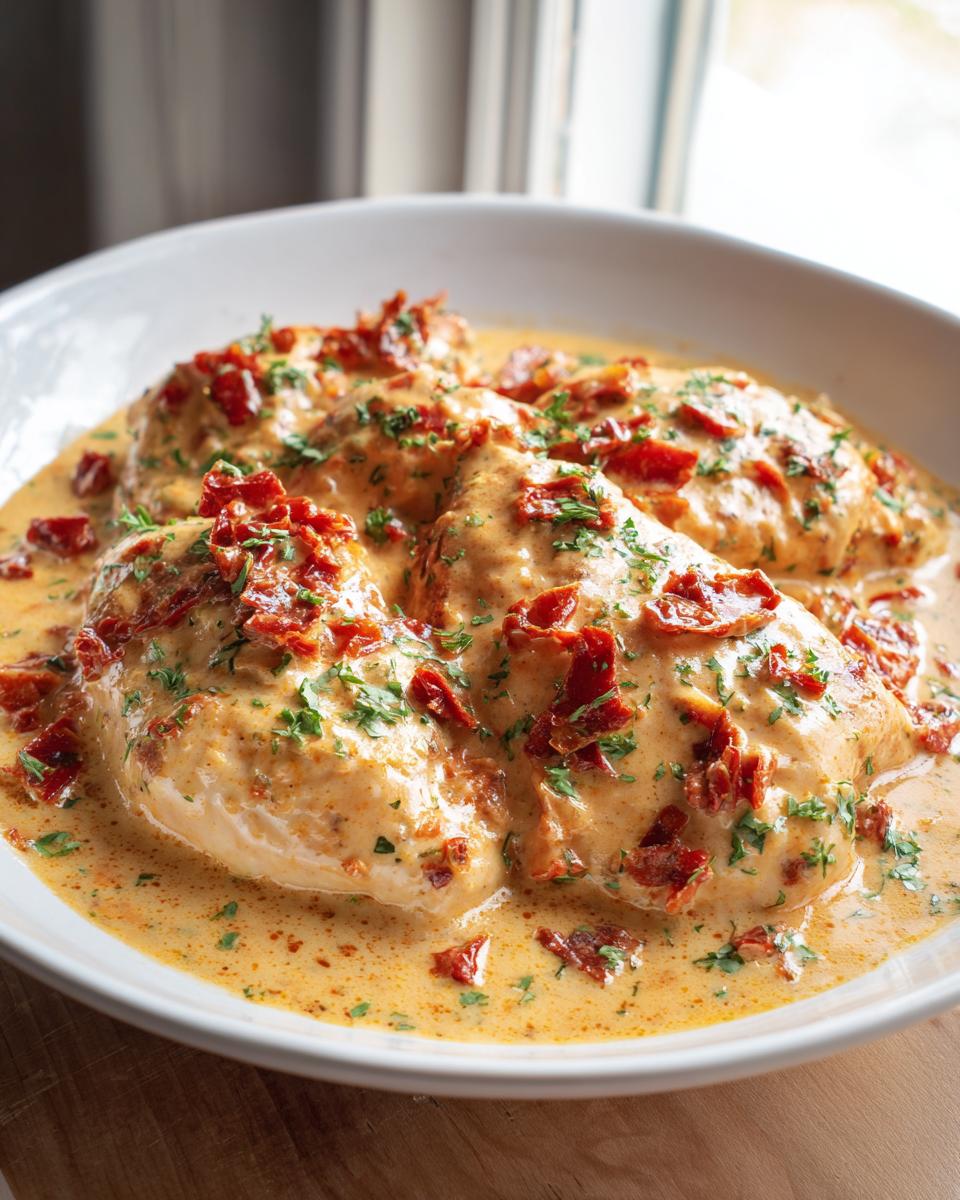 Close-up of tender chicken breasts covered in creamy sauce, sun-dried tomatoes, and parsley, ready to serve as Crockpot Marry Me Chicken.