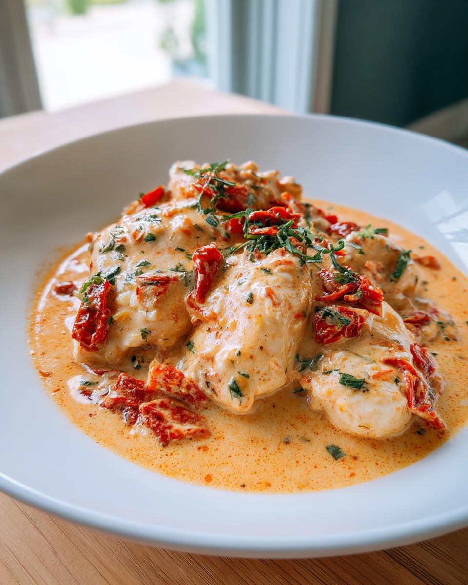 Close-up of tender chicken breasts smothered in creamy sauce with sun-dried tomatoes, part of the crockpot marry me chicken recipe.